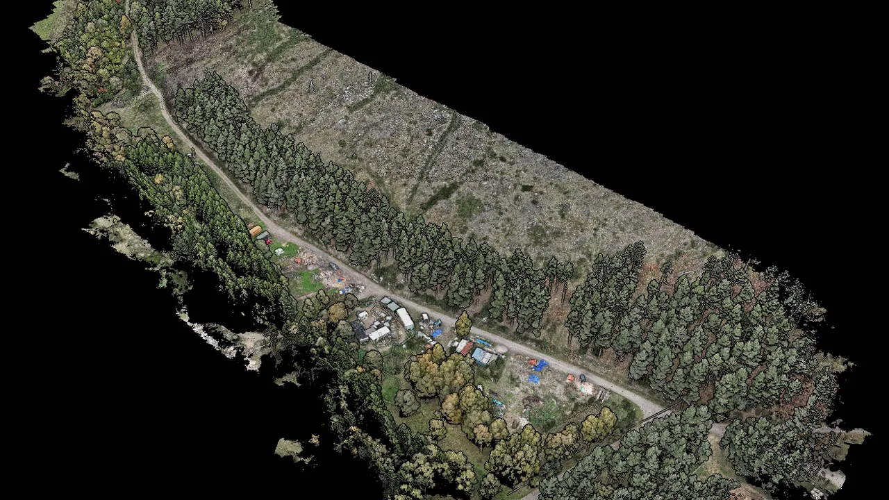 A coloured point cloud from a drone survey of Tarland Trails: a forest track with a yard of sheds and vehicles beside it