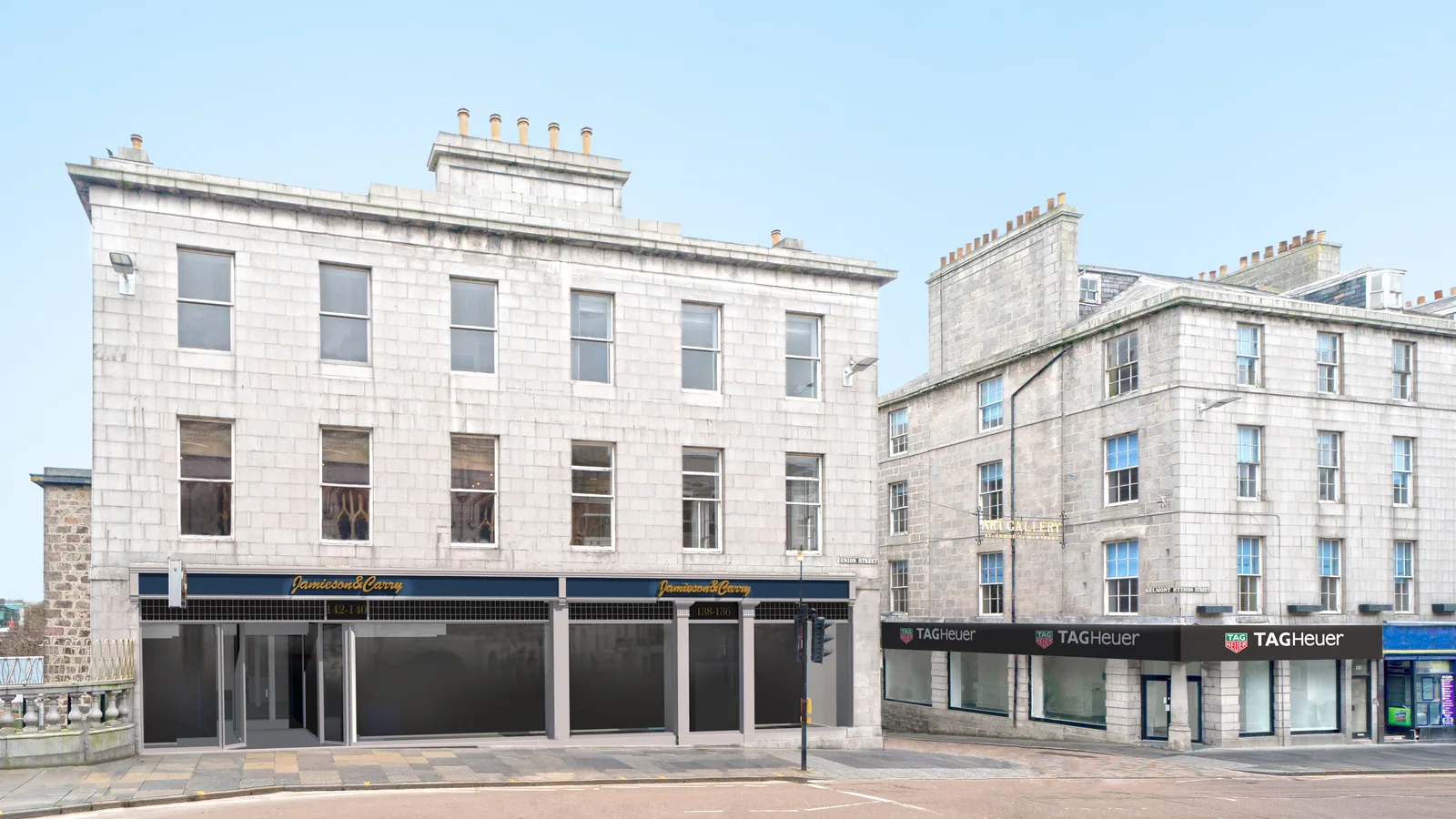 A proposed shopfront on Union Street, Aberdeen, placed into a photograph of the granite building